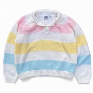 Vintage In Charge Pastel Striped Knit Polo Collared Sweater Womens L Cottage